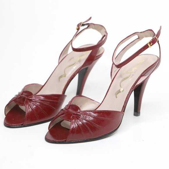 Vintage Nina Burgundy Leather Ankle Strap Peep-Toe Pumps Heels Retro 90s Classic - Picture 5 of 12